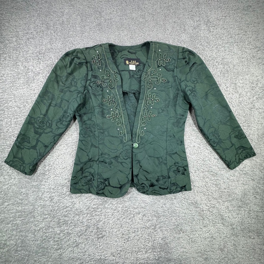 S&S Collection VTG 80s Dynasty Women's Green Rose Brocade Embellished Jacket Med